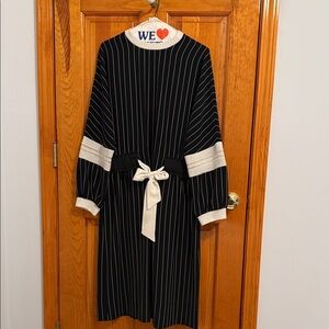 Black Pinstripe Midi Dress with Cream Trim and Waist Tie